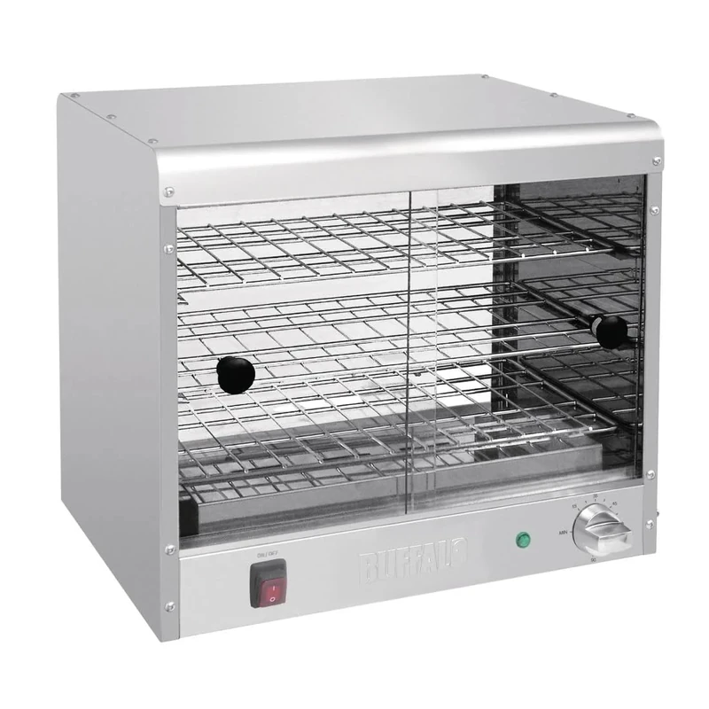 Buffalo 350W Pie Cabinet, 30 Pie Capacity, Stainless Steel, Pie Pastry Benchtop Warmer Holder, Sliding Glass Doors, Warming Function Only, 30° to 90°C, Size: 433(H) x469(W) x363(D) mm, CJ558