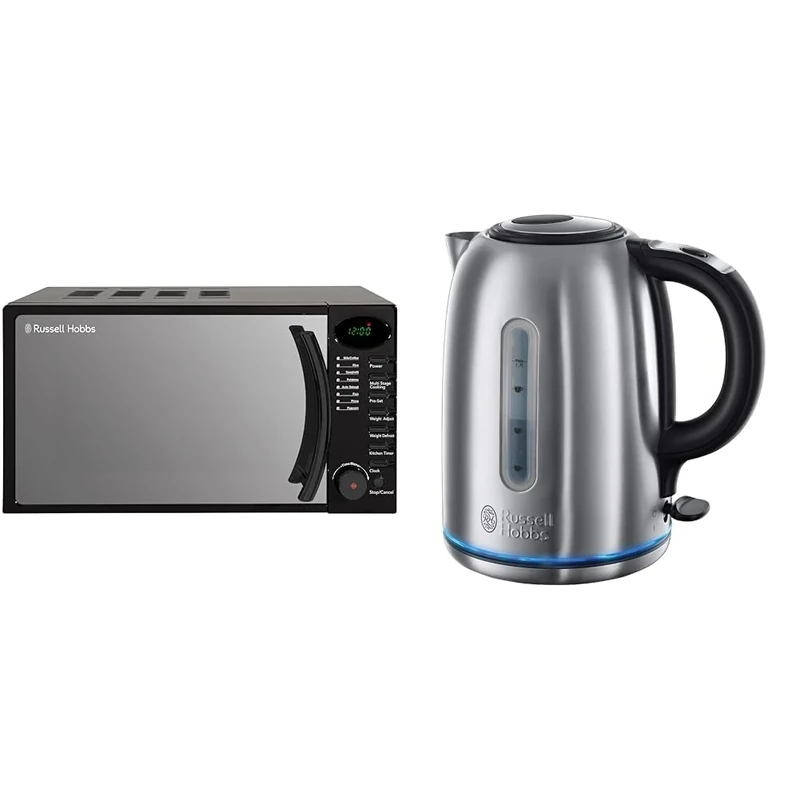 Russell Hobbs RHM1714B 17 Litre 700 W Black Digital Solo Microwave with 5 Power Levels, Digital Clock and Timer & 20460 Quiet Boil Kettle, Brushed Stainless Steel, 3000W, 1.7 Litres