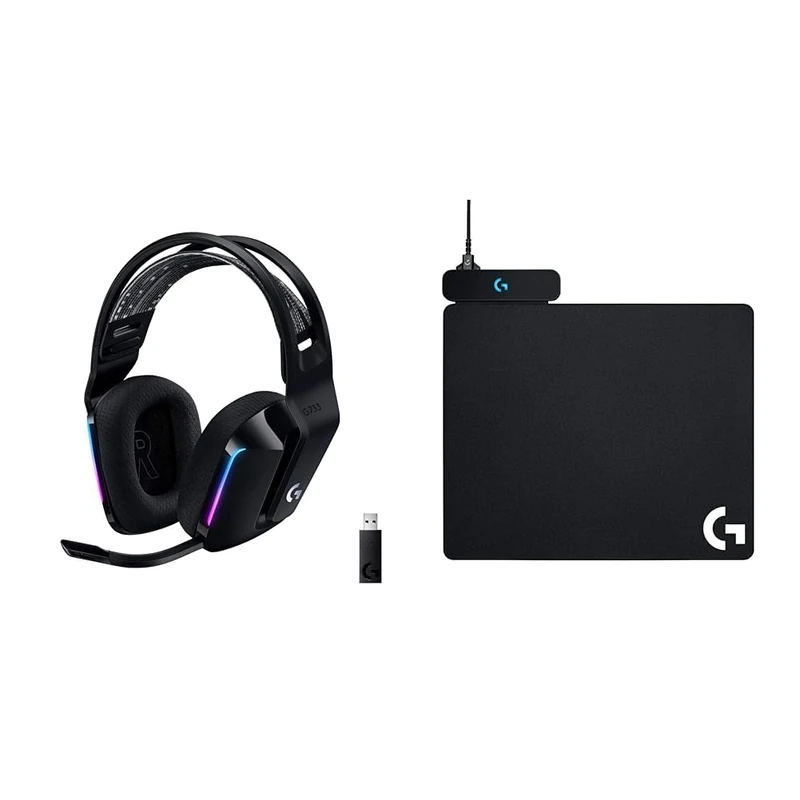 Logitech G733 LIGHTSPEED Wireless Gaming Headset with suspension headband, LIGHTSYNC RGB & POWERPLAY Wireless Charging Mouse Pad, Cloth and Hard Gaming Mouse Pad Included
