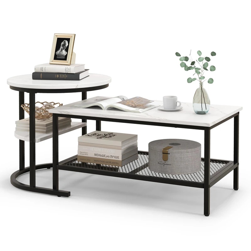 CASART Nesting Tables Set of 2, Space Saving Coffee Table with Marble Tabletop, Mesh Shelf & Adjustable Foot Pads, Metal Frame Stackable Side Tea Table for Living Room Bedroom Office (Black + White) - Image 1