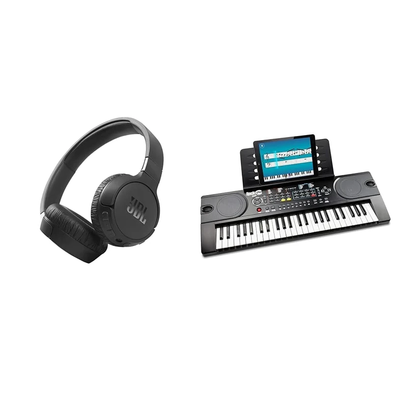 JBL Tune 660NC Wireless Over-Ear Bluetooth Headphones with active noise cancellation, in black & RockJam 49 Key Keyboard Piano with Power Supply, Sheet Music Stand, Piano Note Stickers
