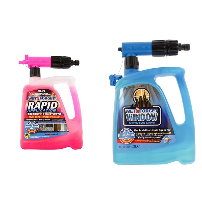 Wet & Forget Rapid Application Mould Lichen and Algae Remover, Outdoor Cleaning Solution, Black Mould Remover, Bleach Free, 2 Litre & Window Exterior Glass Cleaner, Streak-Free, 2 Litre