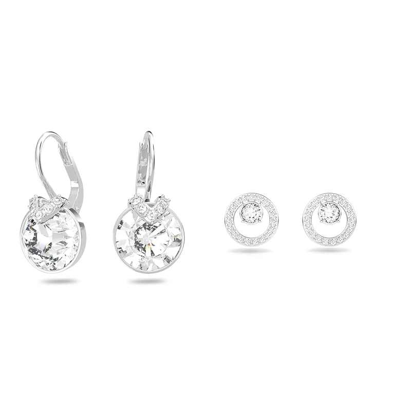 Swarovski Bella Drop Pierced Earrings with Round White Swarovski Crystals and Matching Pavé on a Rhodium Plated Setting with a Lever Back Closure & Creativity stud earrings, Circle, White