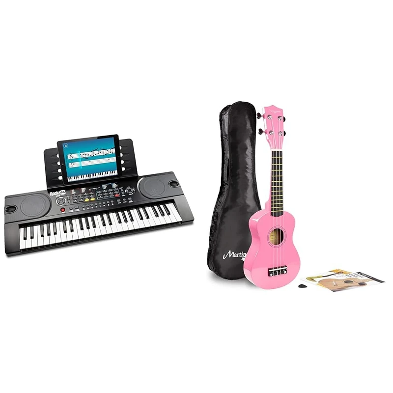 RockJam 49 Key Keyboard Piano with Power Supply, Sheet Music Stand, Piano Note Stickers & Simply Piano Lessons., Black & Martin Smith Soprano Ukulele with Ukulele Bag & Chord Book