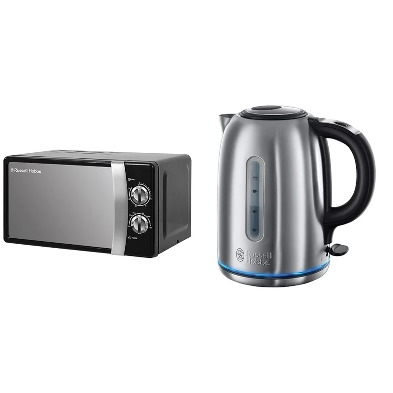 Russell Hobbs RHMM701B 17 Litre 700 W Black Solo Manual Microwave with 5 Power Levels, Ringer & Timer, Defrost Setting, Easy Clean & 20460 Quiet Boil Kettle, Brushed Stainless Steel, 3000W, 1.7 Litres