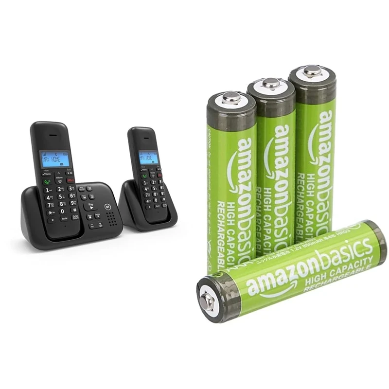 BT 3960 Cordless Landline House Phone with Nuisance Call Blocker, Digital Answer Machine & Amazon Basics AAA High-Capacity Rechargeable Batteries, Pre-charged - Pack of 4