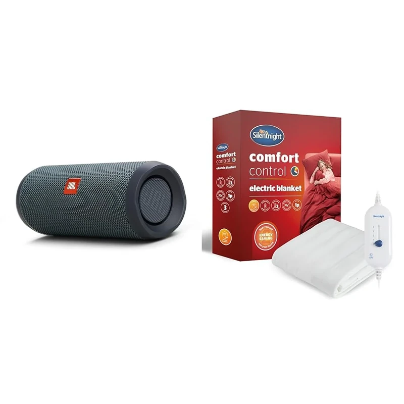 JBL Flip Essential 2 Portable Bluetooth Speaker with Rechargeable Battery, IPX7 Waterproof, 10h Battery Life, Black & Silentnight Comfort Control Washable Electric Blanket - 3 Heat Settings - Double
