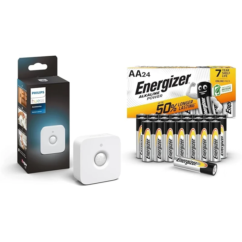 Philips Hue Indoor Motion Sensor with Wireless Control. Smart Lighting Accessory. & Energizer AA Batteries, Alkaline Power, 24 Pack, Double A Battery Pack - Amazon Exclusive