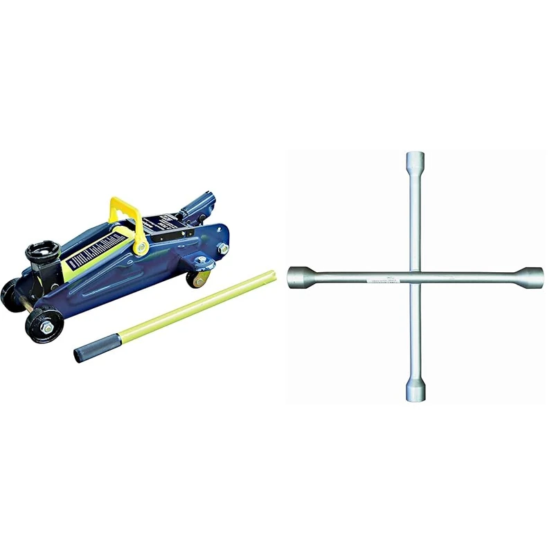 Sakura 2 Tonne Hydraulic Trolley Jack For Cars And Other Vehicles SS5191 & 4-Way Wheel Nut Cross Brace Wrench for Cars WB4W - Common Hexagonal Lug Socket Sizes 17-19-21