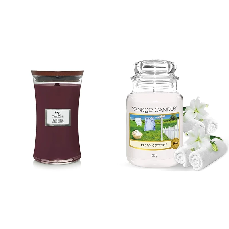 Woodwick Large Hourglass Scented Candle - Black Cherry - with Crackling Wick - Burn Time : Up to 130 Hours & Yankee Candle Scented Candle | Clean Cotton Large Jar Candle
