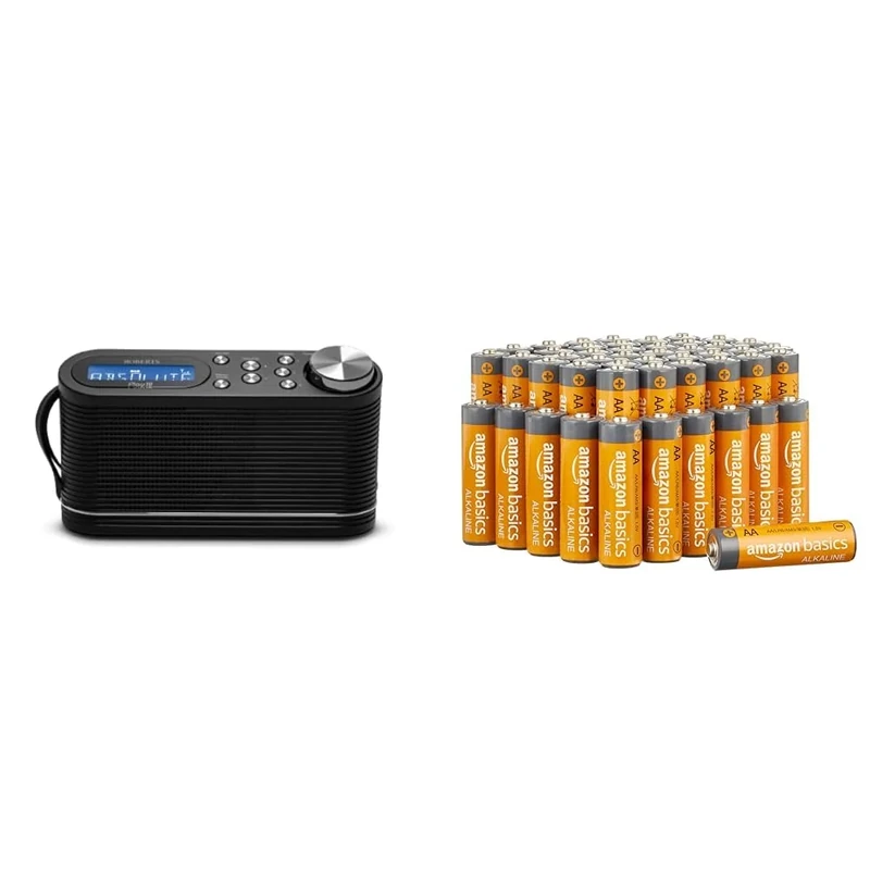 Roberts Play10 DAB/DAB plus/FM Digital Radio with Simple Presets - Black & Amazon Basics AA 1.5 Volt Performance Alkaline Batteries - Pack of 48 (Appearance may vary)