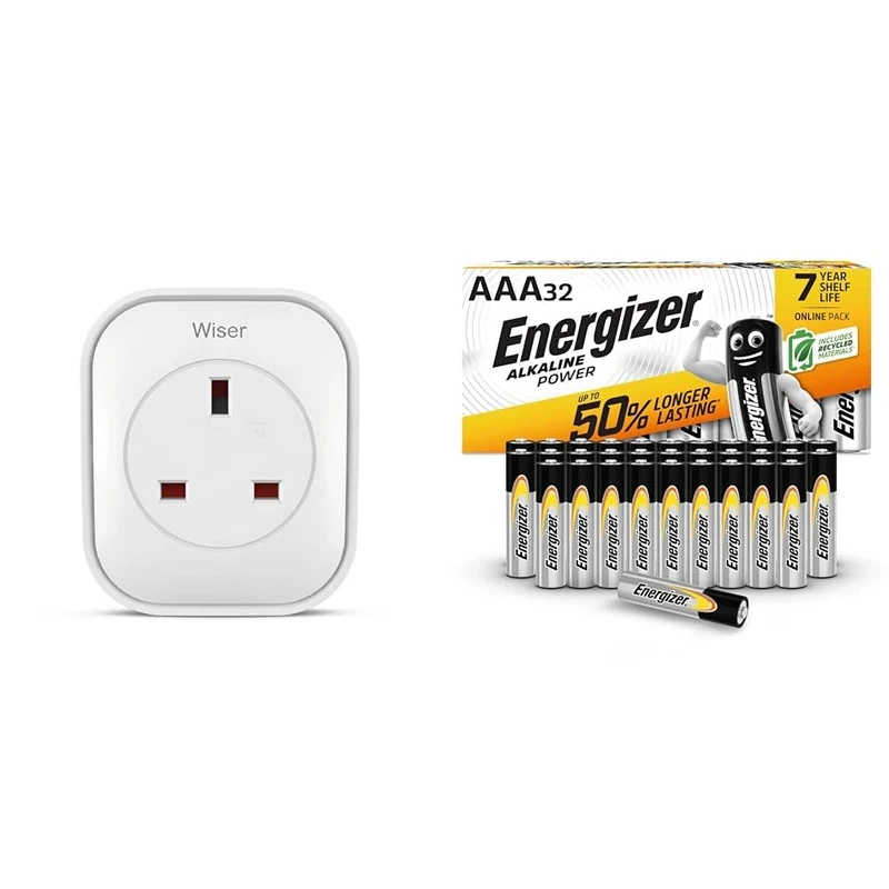 Drayton Wiser Smart Plug & Smart Heating System Range Extender & Energizer AAA Batteries, Alkaline Power, Triple A Battery Pack, 32 Pack (Packaging May Vary)