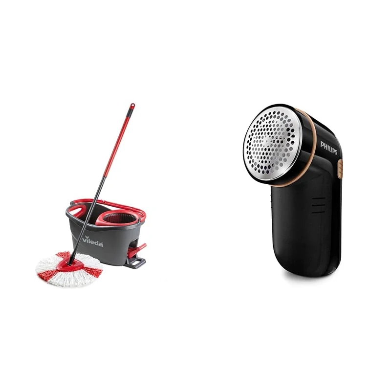 Vileda Turbo Microfibre Mop And Bucket Set, Spin Mop For Cleaning Floors, Set Of 1x Mop And 1x Bucket, Eco Packaging & PHILIPS Fabric Shaver, Black, Pack of 1