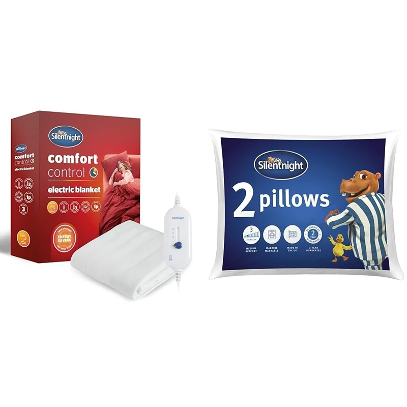 Silentnight Comfort Control Electric Blanket - Heated Electric Fitted Underblanket with 3 Heat Settings, Fast Heat Up and Easy Fit Straps King Size 137x165 cm & Pillow, White, Pack of 2
