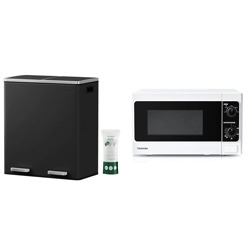 SONGMICS Double Rubbish Bin, 2 x 30L Waste and Recycling Kitchen Bin with 15 Rubbish Bags & Toshiba 800w 20L Microwave Oven with Function Defrost and 5 Power Levels, Stylish Design – White