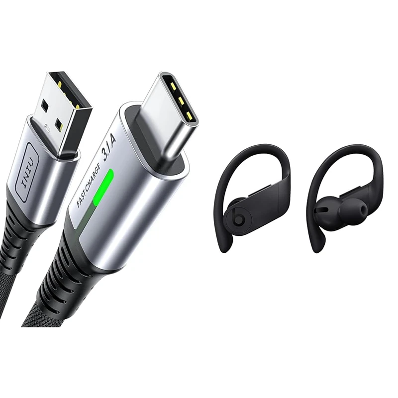INIU USB C Charger Cable 2m 3.1A Type C Cable Fast Charging, Braided USB A to USB-C & Beats Powerbeats Pro Wireless Earphones - Apple H1 Headphone Chip, Class 1 Bluetooth
