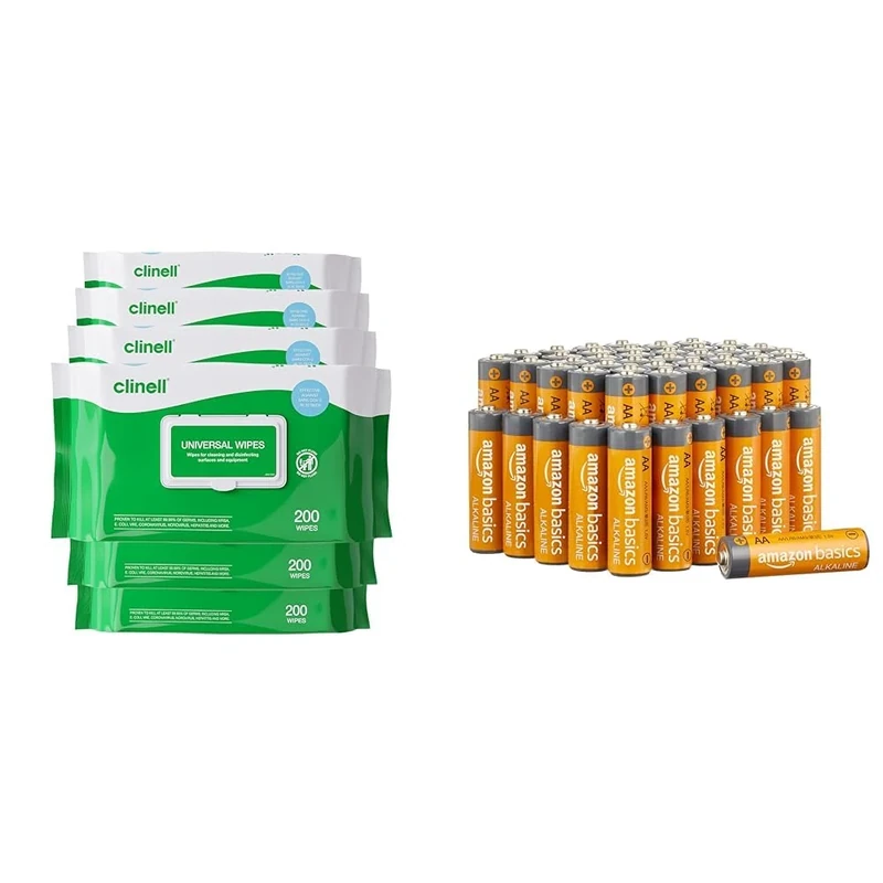 Clinell Universal Cleaning and Disinfectant Wipes for Surfaces (BCW200-1) - 6 Packs of 200 Regular Wipes & Amazon Basics AA 1.5 Volt Performance Alkaline Batteries - Pack of 48 (Appearance may vary)