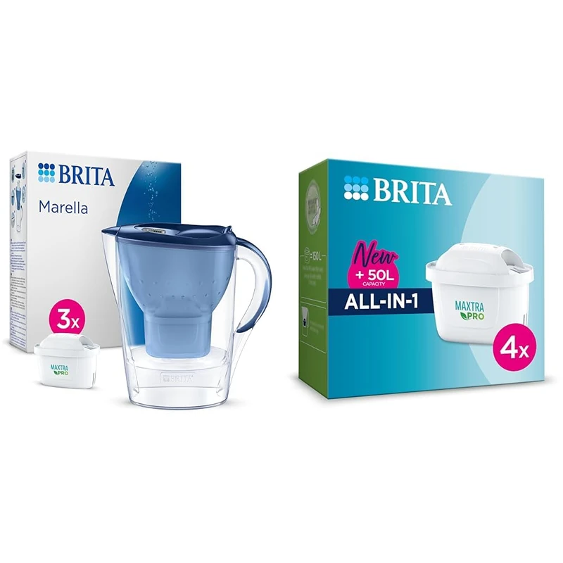 BRITA Marella Water Filter Jug Blue (2.4L) Starter Pack incl. 3x MAXTRA PRO All-in-1 cartridges & MAXTRA PRO All-in-1 Water Filter Cartridge 4 Pack (NEW)