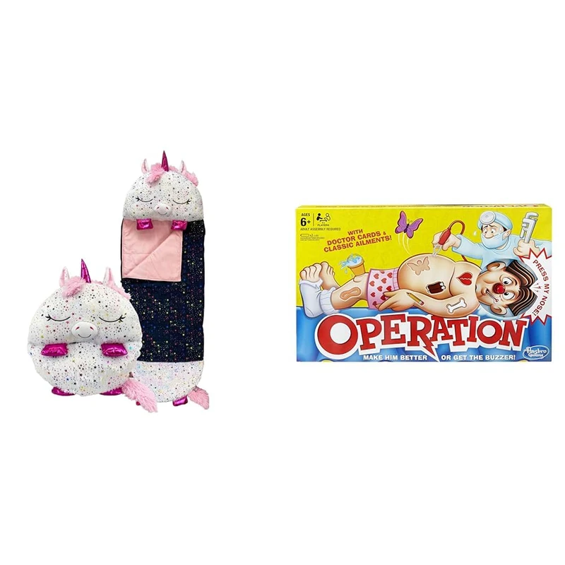 Happy Nappers Kids Sleeping Bag - Shimmer Unicorn - Plush Toy, Comfy Sleeping Bag & Hasbro Gaming Classic Operation Game, Electronic Board Game with Cards