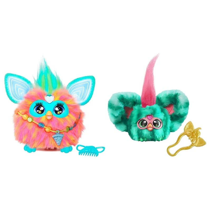 Furby Hasbro Coral Interactive Toy Plush - English version,6 inch & Furblets Mello-Nee Summer Chill Mini Electronic Plush Toy for Girls & Boys 6+