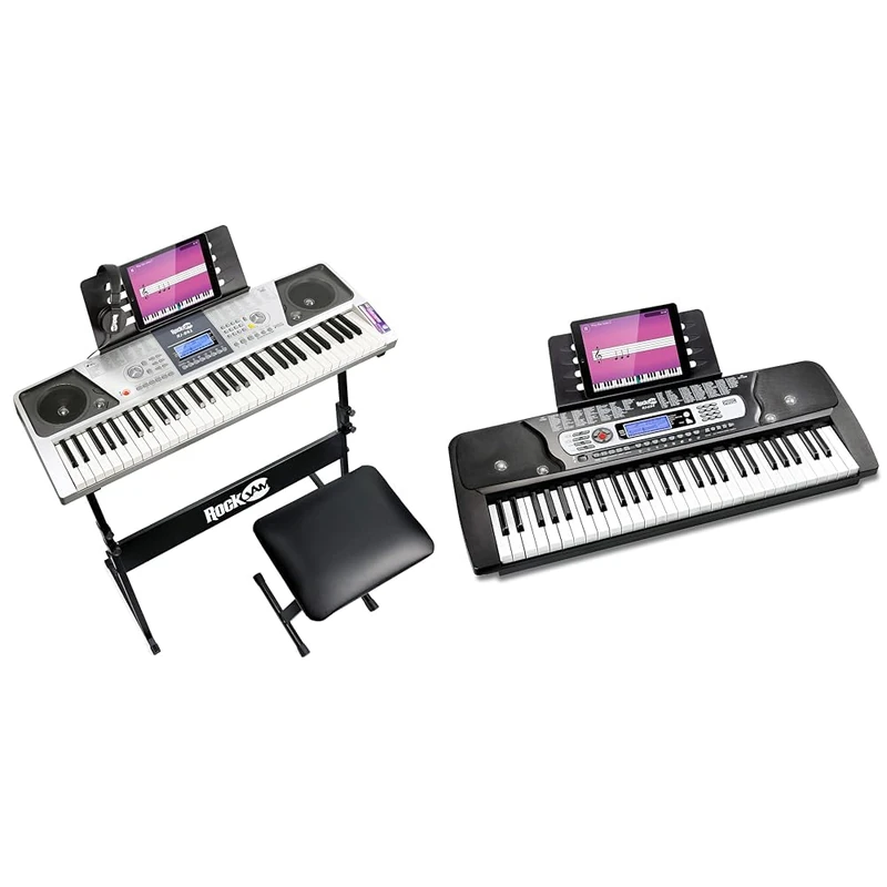 RockJam 61 Key Keyboard Kit With Digital Bench, Electric Stand & RJ654 54 Key Keyboard With Power Supply, Sheet Music Stand, Note Stickers - Image 1