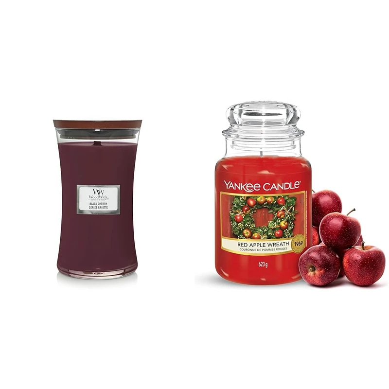Woodwick Large Hourglass Scented Candle - Black Cherry - with Crackling Wick & Yankee Candle Scented Candle | Red Apple Wreath Large Jar Candle | Long Burning Candles