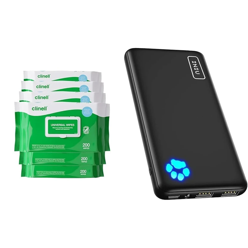 Clinell Universal Cleaning and Disinfectant Wipes for Surfaces (BCW200-1) & INIU Power Bank, Portable Charger 10000mAh Slimmest & Lightest High-Speed USB C Input & Output