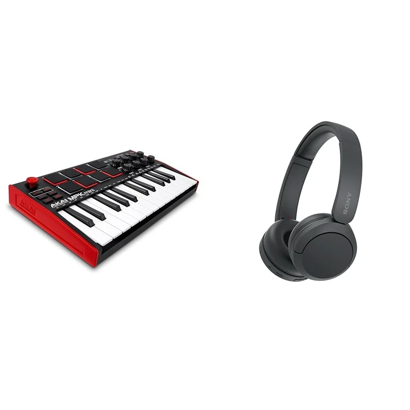 AKAI Professional MPK Mini– 25 Key USB MIDI Keyboard Controller with 8 Backlit Drum Pads & Sony WH-CH520 | Cuffie Wireless, Connessione Multipoint, con Microfono