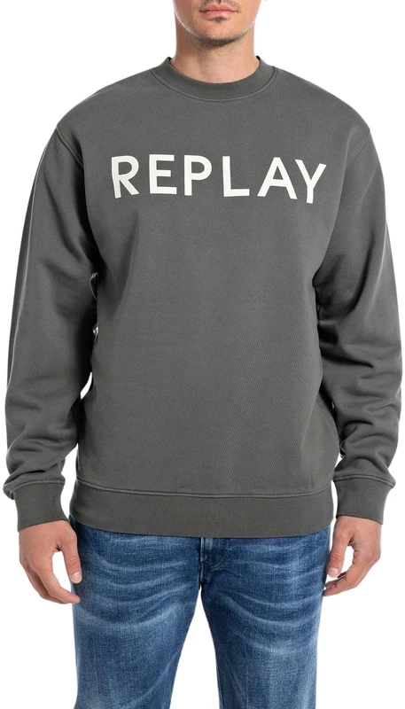 Replay Men's Sweatshirt Regular Fit with Crew Neck, 493 Iron Grey, XS