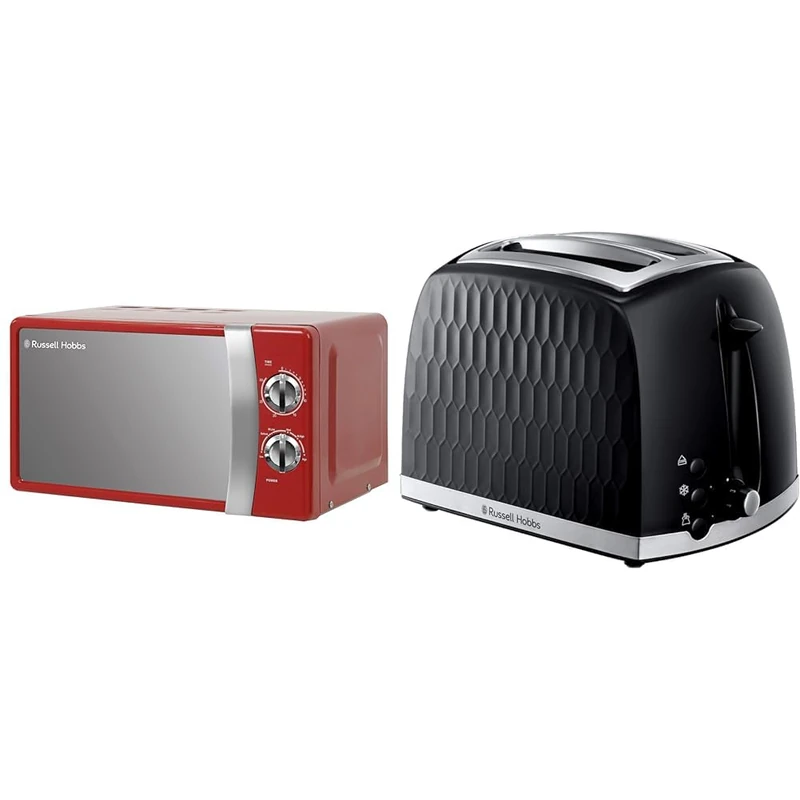 Russell Hobbs RHMM701R 17 Litre 700 W Red Solo Manual Microwave with 5 Power Levels, Ringer & Timer & 26051 Cordless Electric Kettle - Contemporary Honeycomb Design - Image 1