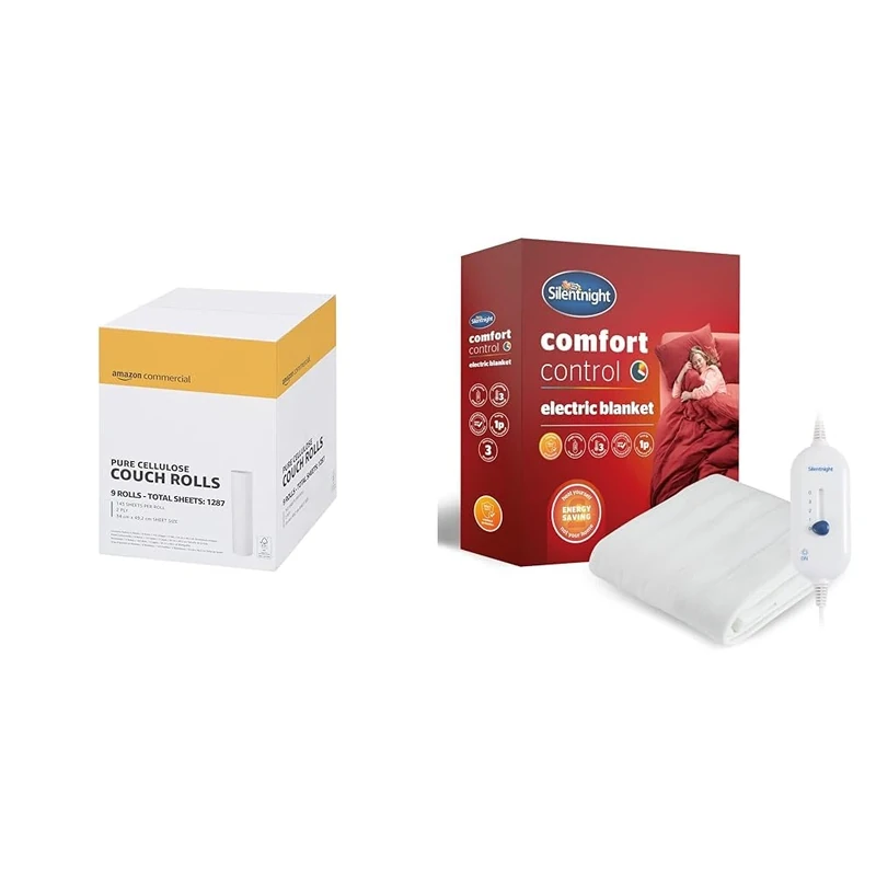 AmazonCommercial Premium Cellulose Rectangular Couch Rolls, 20" - 2 PLY - 50 Metres per roll, 9-Pack & Silentnight Comfort Control Washable Electric Blanket - 3 Heat Settings - Double