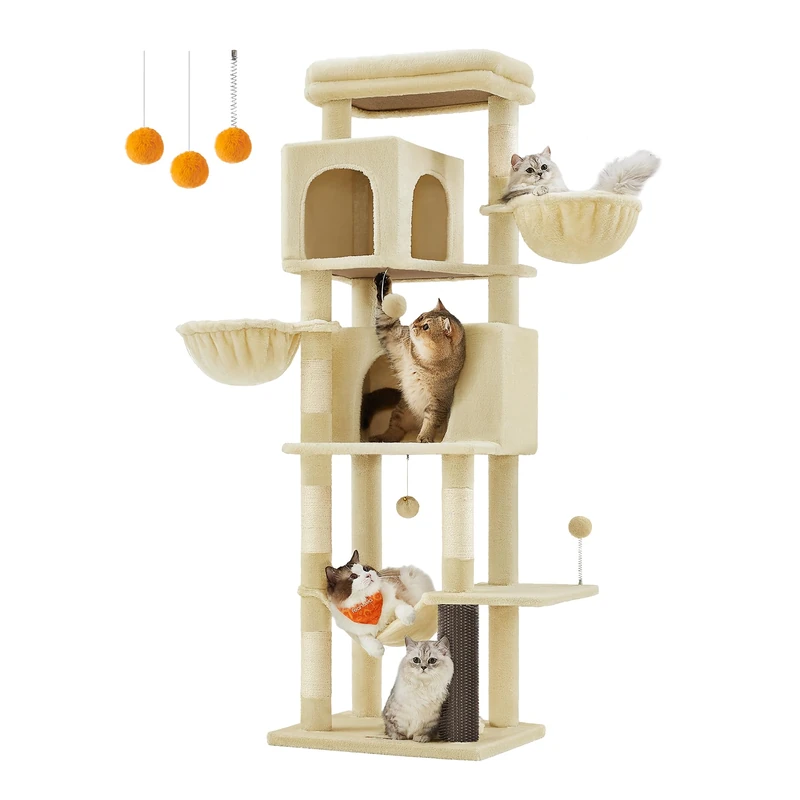 Feandrea Large Cat Tree, 175 cm Tall Cat Tower, Multi-Level Cat Condo with 2 Caves, 2 Baskets, 5 Scratching Posts, Self-Groomer, Perch, Hammock, for Indoor Cats, Sand Beige PCT182Y01