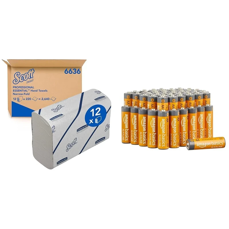 Scott Essential Hand Towels 6636 - Narrow-Fold Paper Hand Towels - 12 Clips x 220 White Paper Towels (2,640 Total) & Amazon Basics AA 1.5 Volt Performance Alkaline Batteries - Pack of 48