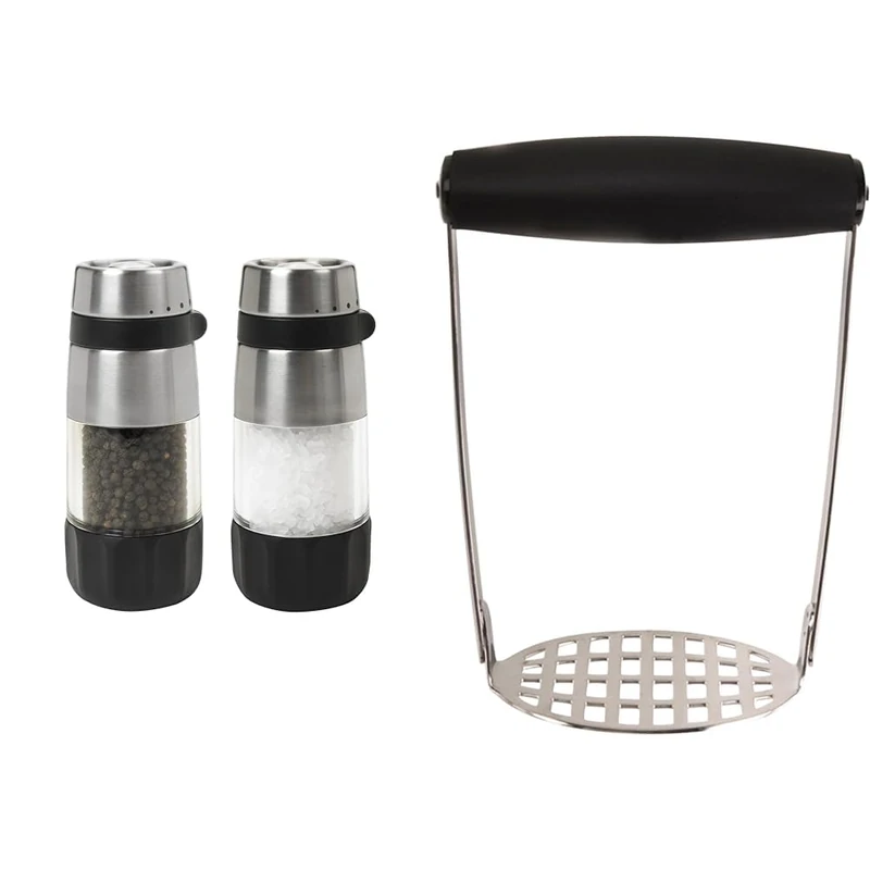 OXO Good Grips Accent Mess Free Salt & Pepper Set & Good Grips Smooth Potato Masher, Transparent/Black, L