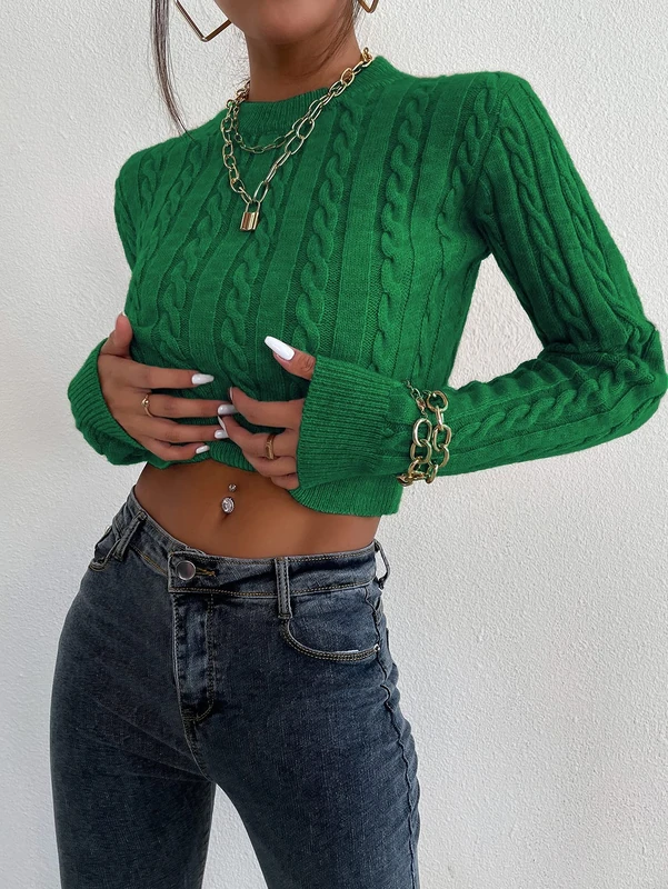 AlexandreHouse Redsyn Women's Sweater Cable Knit Crop Sweater Sweater for Women (Color : Green, Size : Large)
