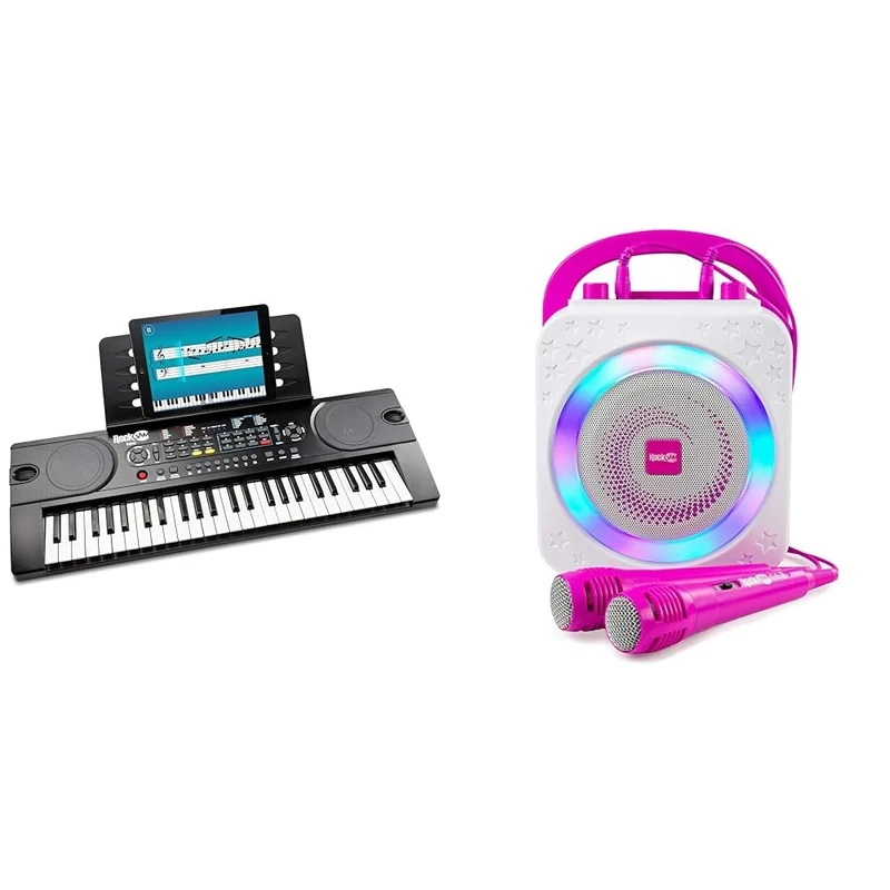 RockJam 49 Key Keyboard Piano with Power Supply, Sheet Music Stand & 10-Watt Rechargeable Bluetooth Karaoke Machine with Two Microphones