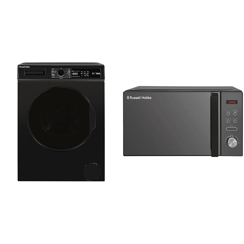 Russell Hobbs Freestanding Washing Machine, 8kg Capacity, 1400 rpm, 15 Programmes, Eco Technology & RHM2076B 20 Litre 741 W Black Digital Solo Microwave with 5 Power Levels