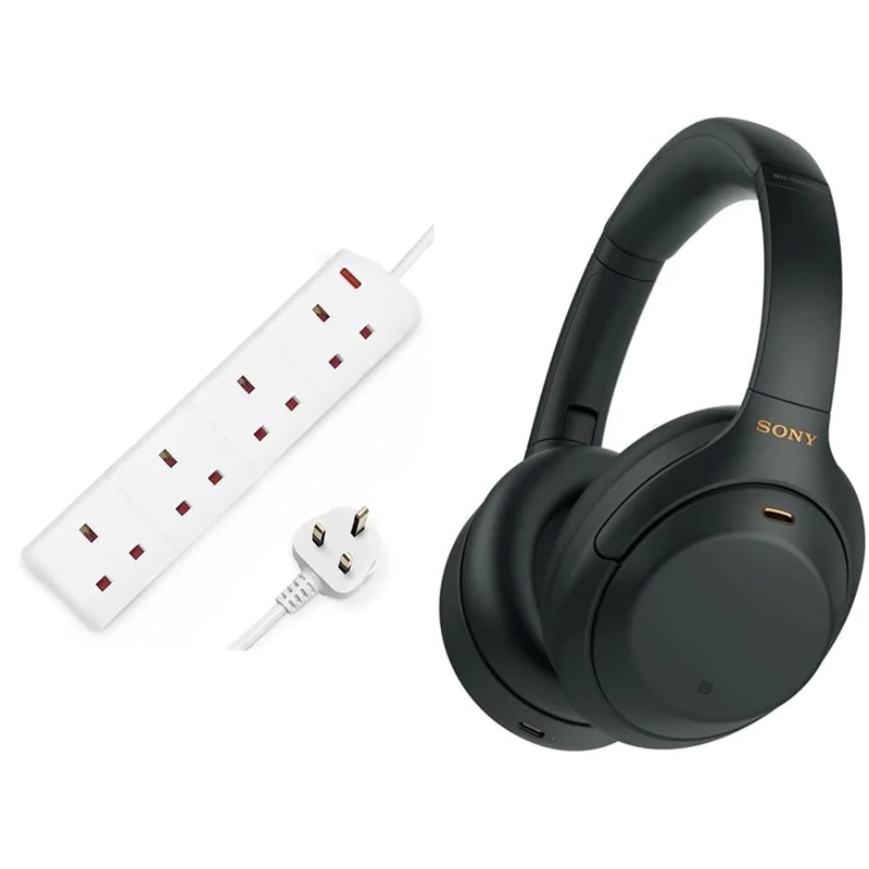 DESIRETECH White Electric Extension Lead 4 Gang 2 Metre | 2m Long Cable & Sony WH-1000XM4 Noise Cancelling Wireless Headphones - 30 hours battery life - Over Ear style