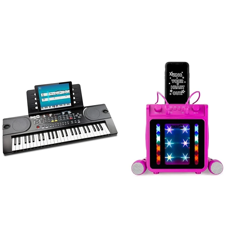 RockJam 49 Key Keyboard Piano with Power Supply, Sheet Music Stand & 10-Watt Rechargeable Bluetooth Karaoke Machine with Two Microphones