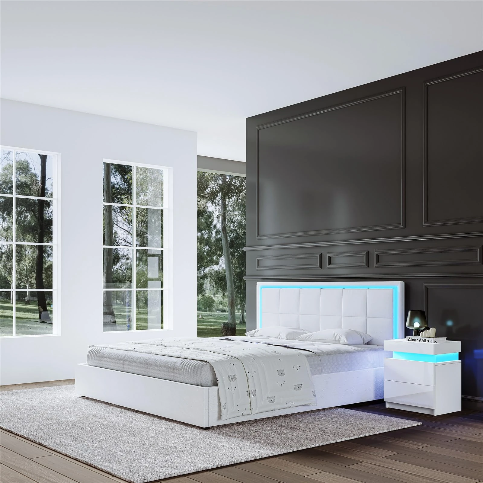 Senvoziii LED Bed Frame Ottoman Gas Lift Up Bed 4ft Small Double Size Faux Leather Storage Bed Frame for Adults, Teenagers, White (No Mattress)