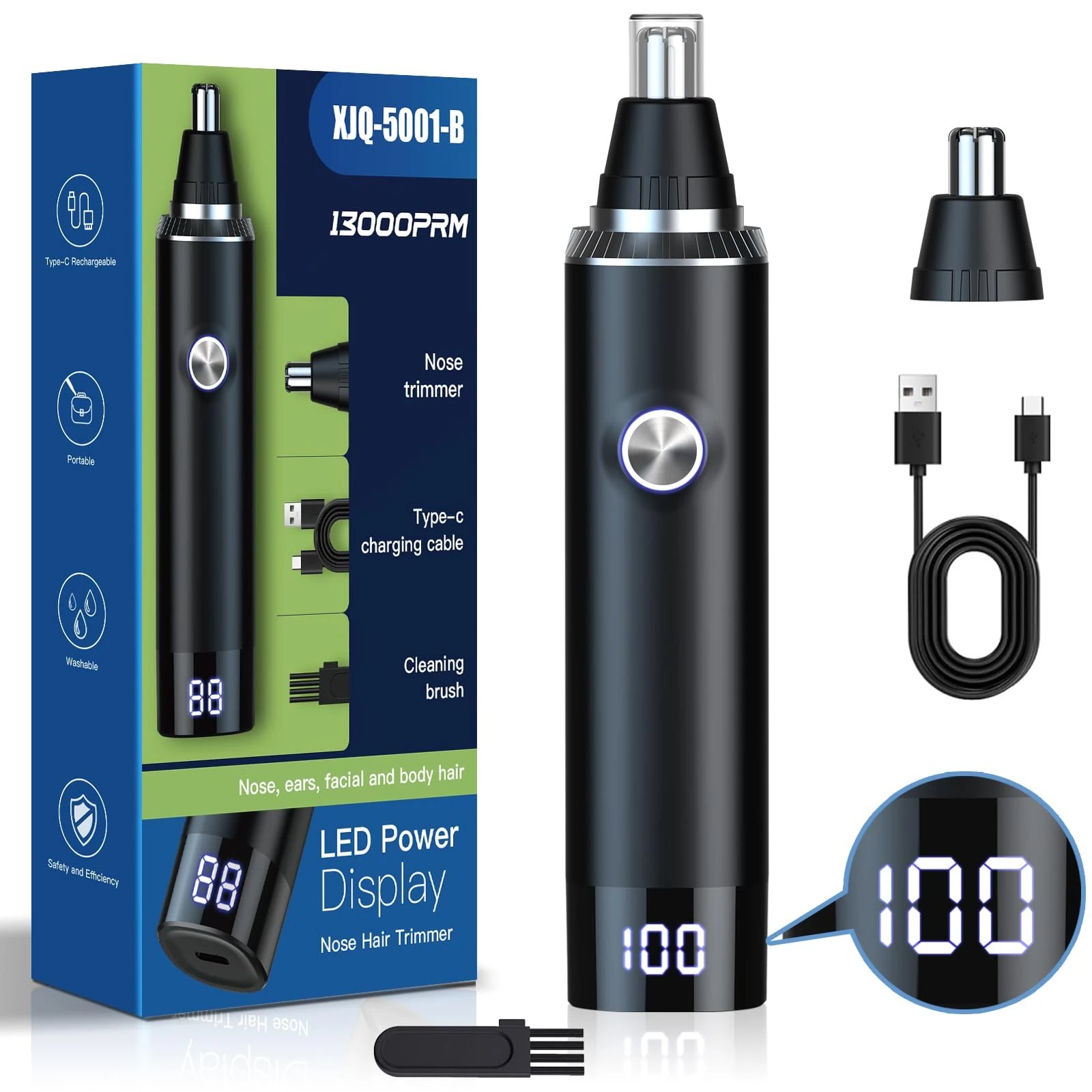 Rechargeable USB Nose & Ear Trimmer, Facial Hair Remover, Easy to Clean, Dual Edge Blades, IPX7 Waterproof