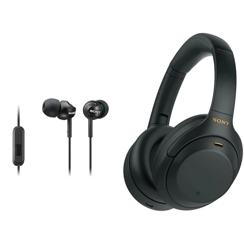 Sony MDREX110APB.CE7 Deep Bass Earphones with Smartphone Control and Mic - Metallic Black & WH-1000XM4 Noise Cancelling Wireless Headphones - 30 hours battery life - Over Ear style