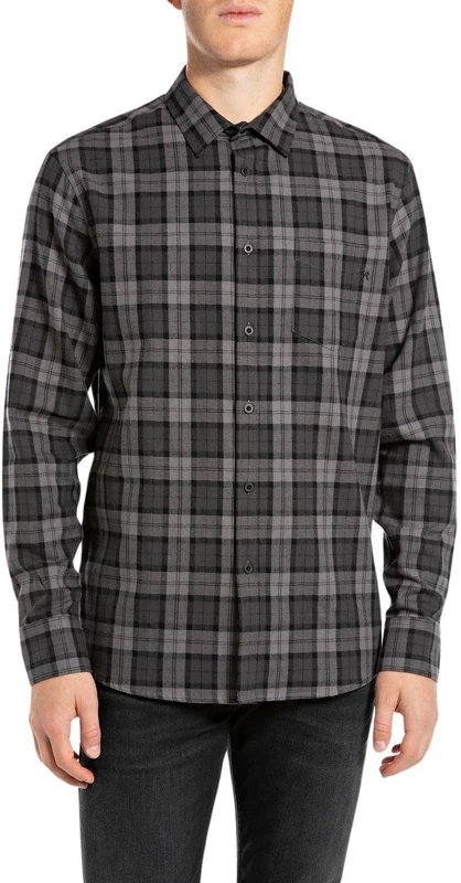 Replay Men's Regular Fit Shirt, 010 Black/Dark Grey, L