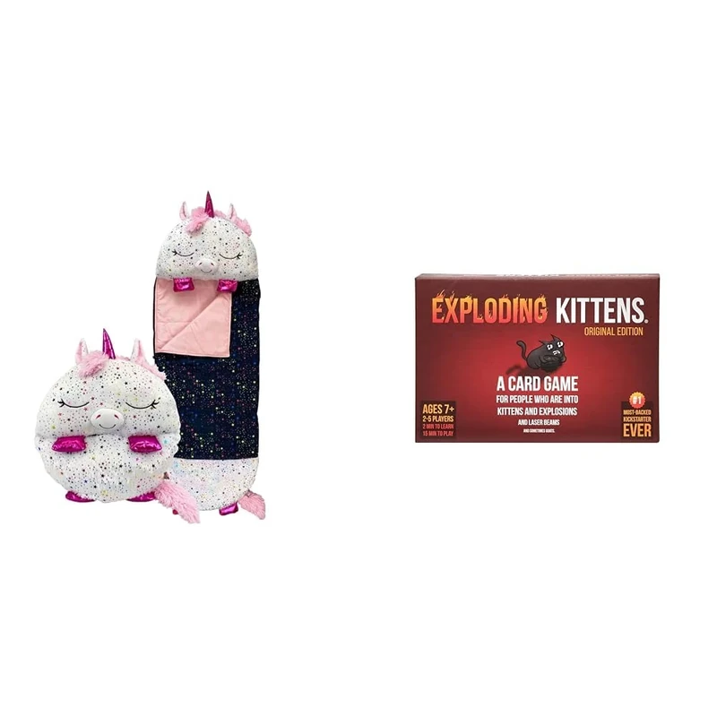 Happy Nappers Kids Sleeping Bag - Shimmer Unicorn - Plush Toy, Comfy Sleeping Bag & Exploding Kittens Card Game - Original Edition, Fun Family Games for Adults Teens & Kids