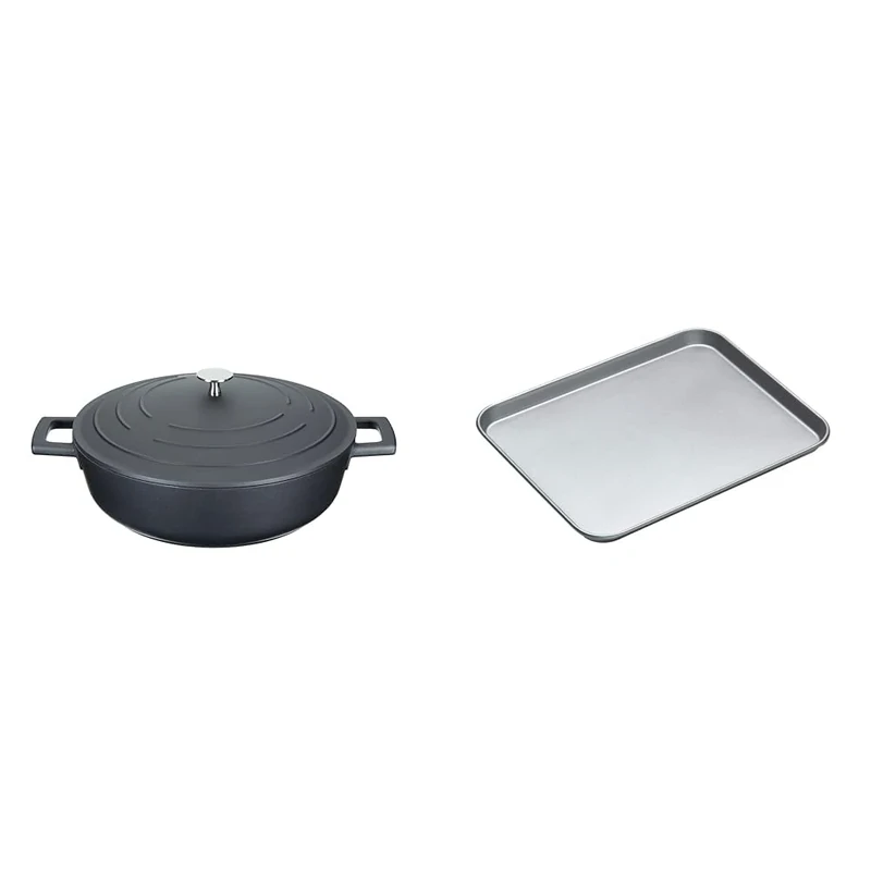 MasterClass Shallow Casserole Dish with Lid 4L/28 cm, Black & KitchenCraft KC2BK23 Large Baking Tray with Non Stick Coating, 38 x 30.5 cm, Silver