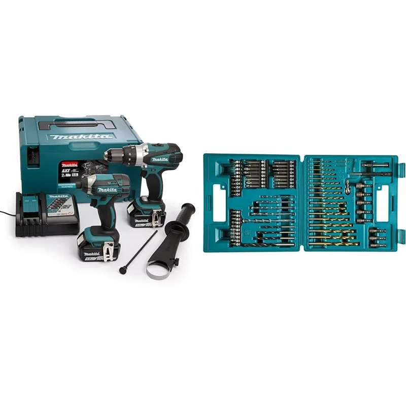 Makita DLX2145TJ 18V Li-ion LXT 2 Piece Combo Kit comprising DHP458Z and DTD152Z Complete with 2 x 5.0 Ah & B-49373 Drill and Screw Bit, 18 V, Blue, Set of 75 Piece