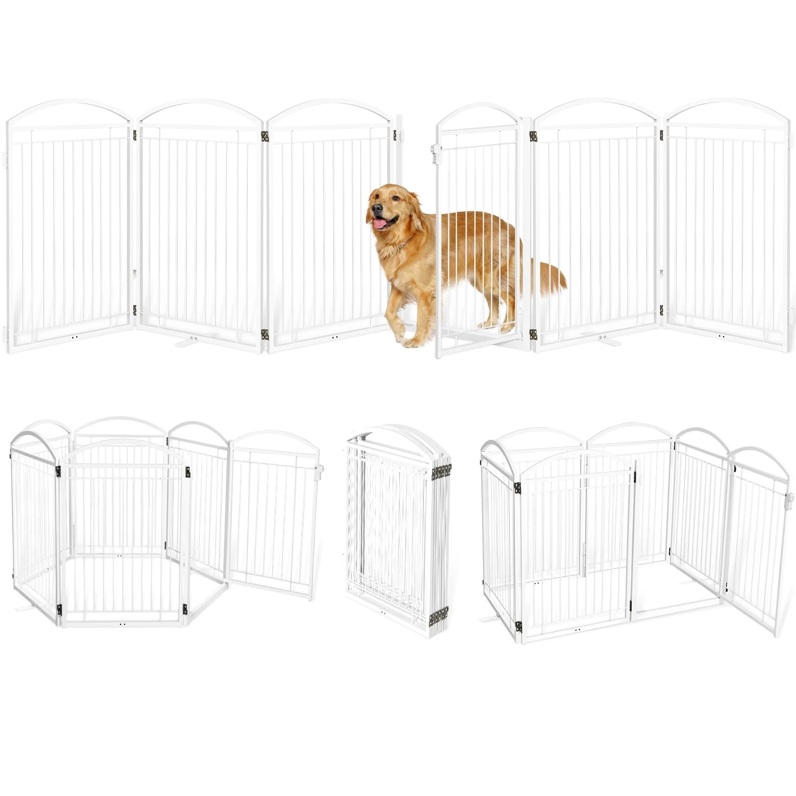 Full Metal Free Standing Dog Gate with Door for Indoor Outdoor, 144'' Extra Wide 32'' Tall Dog Gate for Doorways,Large Openings,Decks,Freestanding Portable Pet Fence(6 Panels,Black)