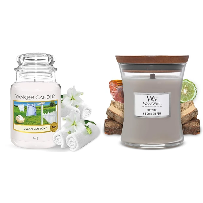 Yankee Candle Scented Candle | Clean Cotton Large Jar Candle & Woodwick Medium Hourglass Scented Candle, Fireside, with Crackling Wick, Burn Time: Up to 60 Hours