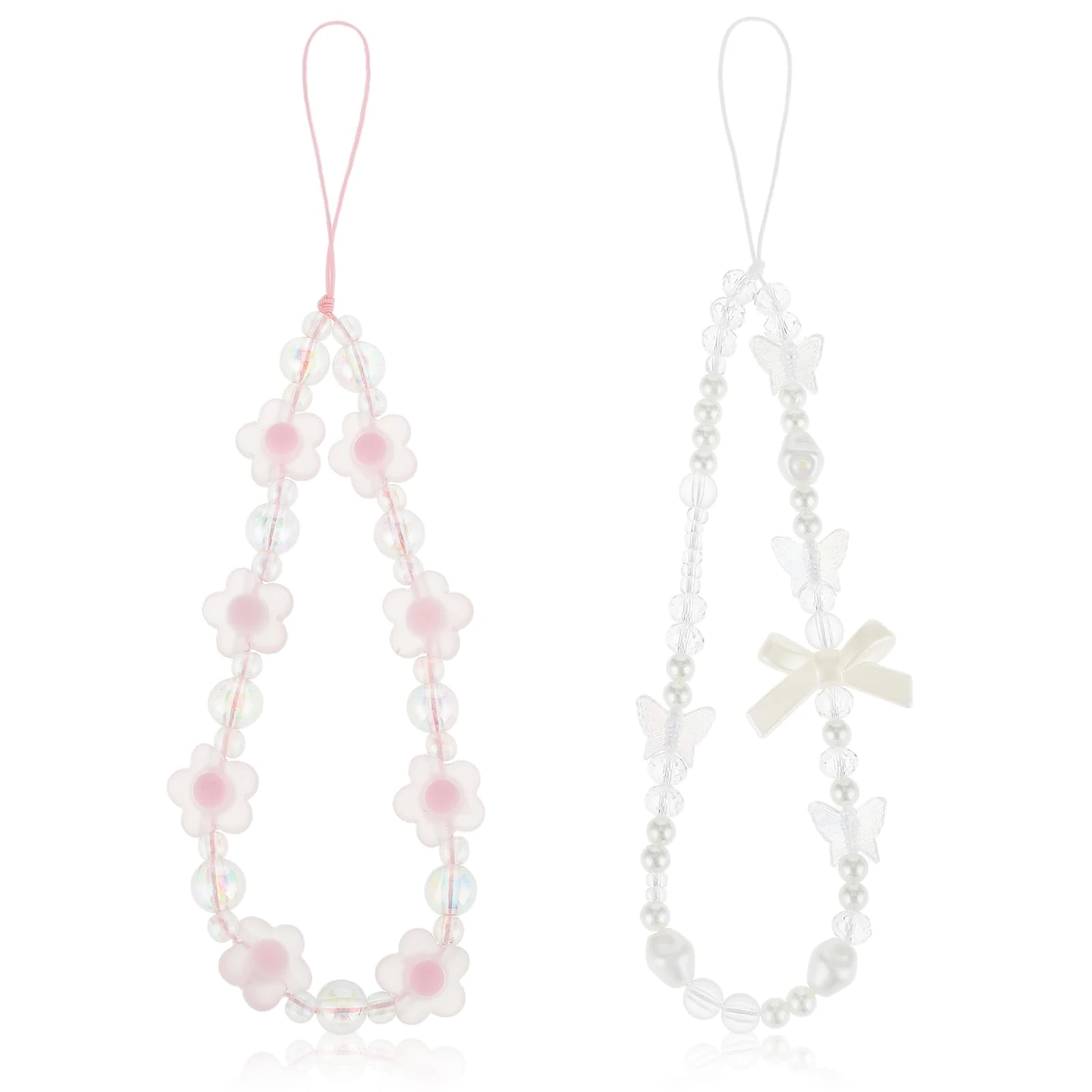 2 Pack Beaded Phone Bracelet Strap Crystal Butterfly Flower Pearl Phone Charms Strap Colorful Acrylic Beaded Phone Charm Wrist Strap Handmade Mobile Phone Chain for Women Anti-Lost Lanyard