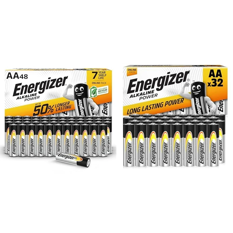 Energizer AA Batteries, Alkaline Power, 48 Pack, Double A Battery Pack - Amazon Exclusive & AA Batteries, Alkaline Power, 32 Pack, Double A Battery Pack - Amazon Exclusive